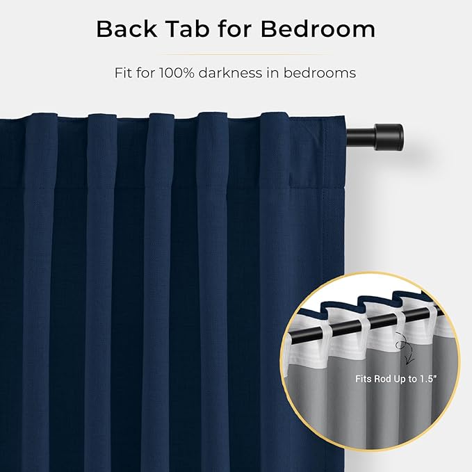 INOVADAY 100% Blackout Curtains for Bedroom, Black Out Curtains 80 Inch Long, Clip Rings Linen Blackout Drapes, Thermal Insulated Room Darkening for Living Room, 2 Panels - Midnight Blue, W50xL80