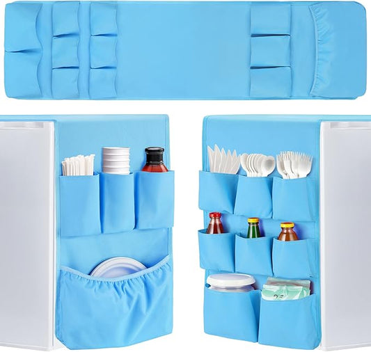 Extended Mini Fridge Caddy Organizer - 55" x 13" Back to School Dorm and Office Over the Fridge Storage Organizer with 12 Pockets for Flatware Drink Paper Goods, College Must Have, Blue