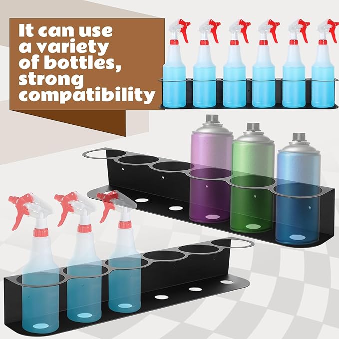 2 Pcs 6 Holes All Purpose Steel Spray Bottle Holder Heavy Duty Can Holder Rack Organizer Easy Install Wall Mount Paint Spray Bottle Organizer Storage Rack for Garage Home Workspace(Black)