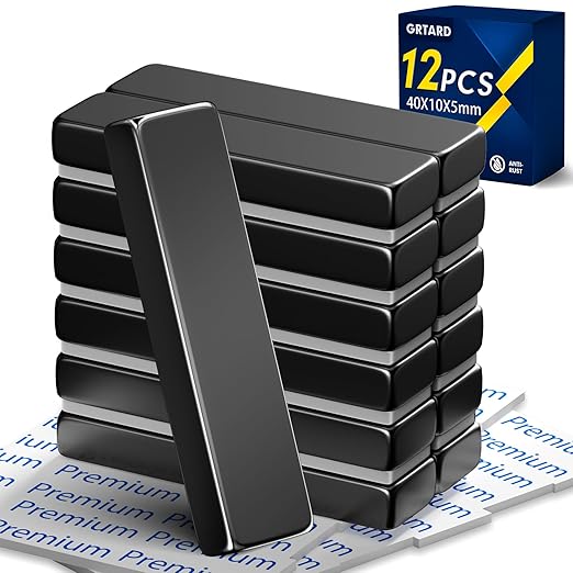 Grtard 12 Pack Neodymium Bar Magnets, Rare Earth Magnets Metal Neodymium Magnet with Double-Sided Adhesive for Fridge and Office Projects, 40x10x5mm (Black, 12 Pack)