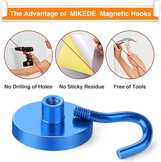 MIKEDE Strong Magnetic Hooks, 120Lbs Heavy Duty Magnetic Hooks for Cruise, Neodymium Earth Magnets with Hooks for Hanging, Super Metal Industrial Magnets for Grill, Storage (Blue,10 Pack)