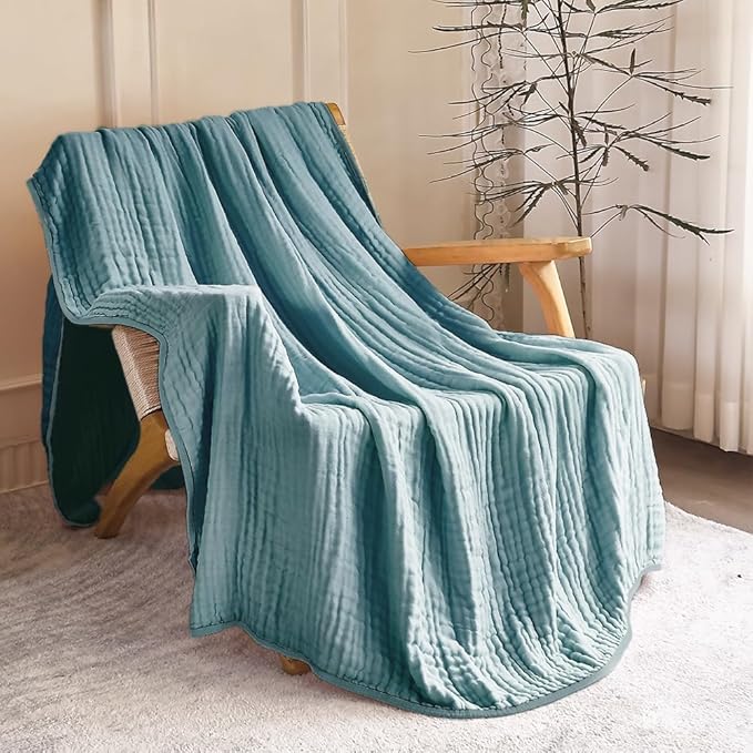 SANACYNA Muslin Blankets for Adults 6-Layer Gauze 100% Cotton Teal Grid Bed Blanket Lightweight Soft and Breathable King Blanket for Sofa Couch Bed Coverlet Both Sides (Teal, King 90" X 104")