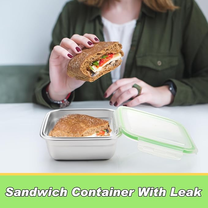 4 Pack Stainless Steel Sandwich Containers with Lids 25.4 oz Metal Food Container for Lunch Boxes with Airtight Silicone Seal for Sandwiches and Snacks (Black, Green)