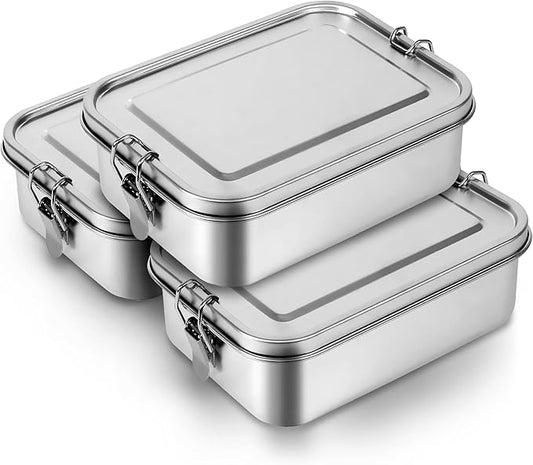 3-Pack 1200ml (40.6 oz) Stainless Steel Bento Lunch Box Containers with Lids - Waterproof Metal Food Storage - Snack Prep Trays and Tiffin Carriers