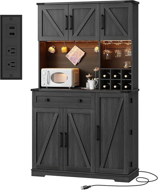 Dripex 71" Pantry Cabinet with Charging Station, Farmhouse Kitchen Pantry Storage Cabinet with Outlet & LED Light, Microwave Stand, Tall Kitchen Hutch with Storage for Living Room, Dining Room, Black