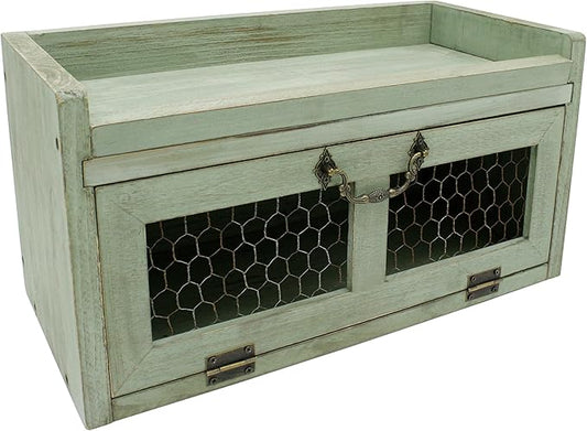 Farmhouse Countertop Storage Organizer, Rustic Wood Kitchen Cabinet with Chicken Wire, Kitchen Pantry Display Shelf, Country Vintage Style. Distress Teal