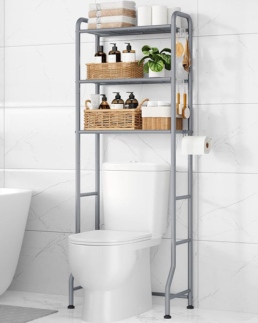 Kitsure Over Toilet Storage Rack - Metal Over Toilet Bathroom Organizer Shelf, Over the Toilet Storage Cabinet with Paper Holder and Hooks, Bathroom Cabinet for Laundry, Grey, 3 Tiers (63.2" H)