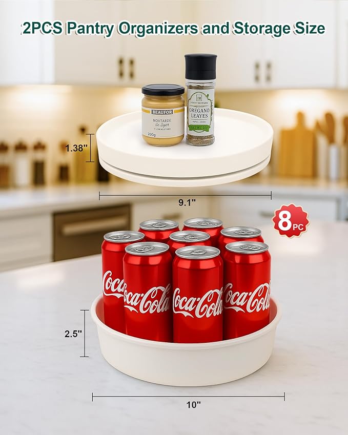 Pantry Organizers and Storage, 1 Set of 9.1 Inch Lazy Susan Organizer and 10 Inch Kitchen Organizers and Storage, Stackable Kitchen Pantry Organizers and Storage for Spice Cans Vegetable