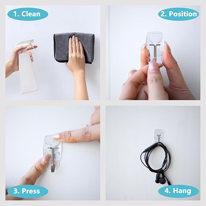 20 Small Hooks+24 Removable Strips, Clear Wire Hanger Hooks, Damage-Free Utility Hooks, Heavy Duty with Adhesive Strips, No Tools Wall Hook for Hanging, Value Pack