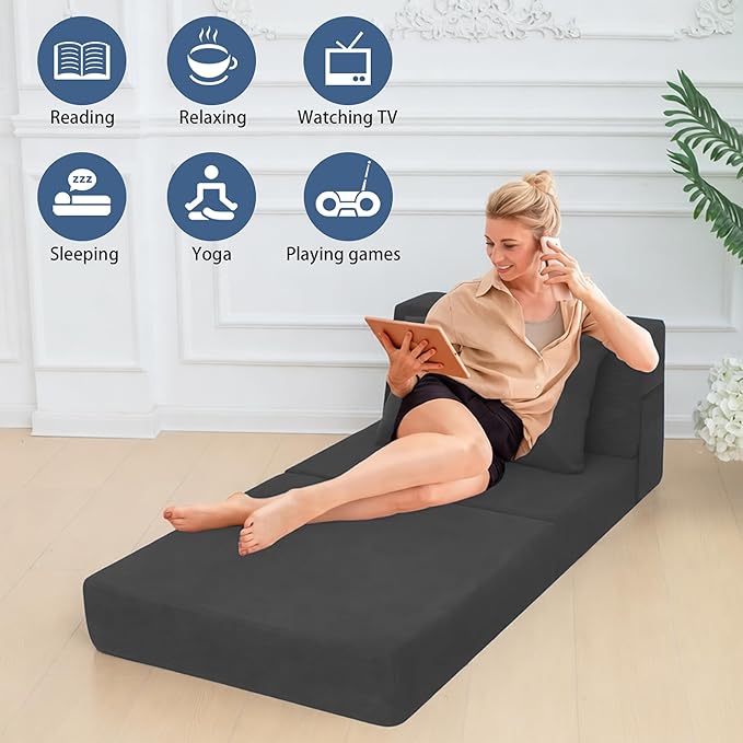 Sofa Bed Foldable Mattress ，Folding Sleeper Sofa Chair Bed Floor Mattress with Pillow for Living Room Home Office (Dark Gray -Corduroy, Single)