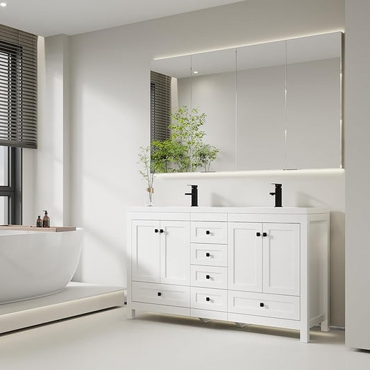 eclife 60" Bathroom Vanities with Sink Combo, Modern Thickened Wood Bathroom Storage Cabinet w/Undermount Double Sink, Matte Black Faucet Drain, Painted Surface, White