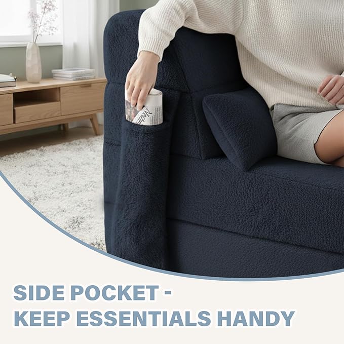 Tiita Convertible Folding Sofa Bed Single Size for Adults with Pillow, Plush Fabric Floor Mattress Couch Bed, Washable Cover & Side Pocket, Guest Room, Dorm, Apartment, Living Room, Navy