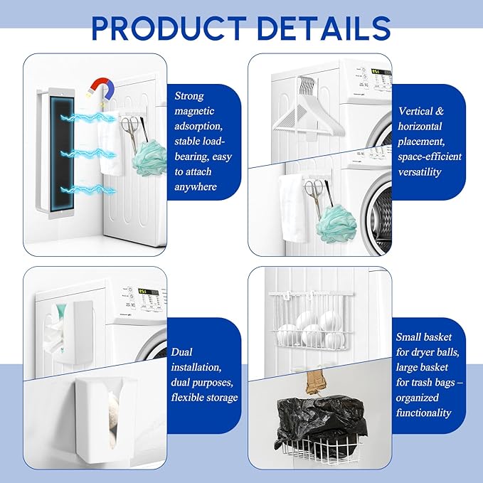 Vicenpal 4 Pcs Magnetic Laundry Storage Sets Including Drying Ball Holders, Magnetic Dryer Sheet Holder, Lint Bin for Laundry Room, Hanger Organizer and Bathroom Trays for Household Organization