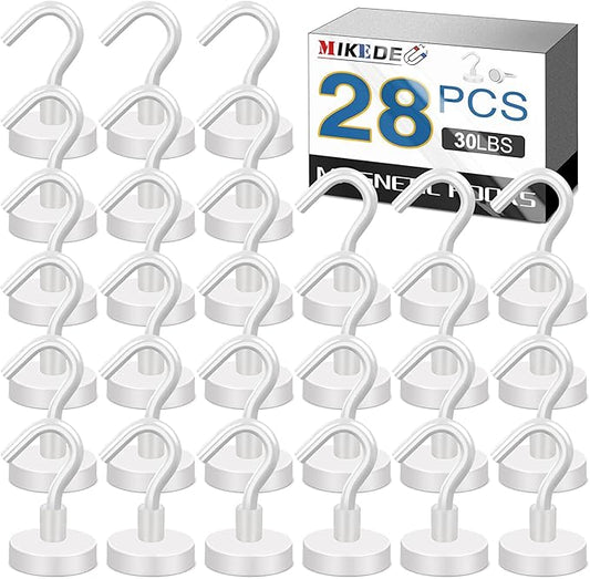 MIKEDE Magnetic Hooks Heavy Duty, Strong Magnet with Hook for Fridge, Super Neodymium Extra Strength Industrial Hooks for Hanging, Magnetic Hanger for Toolbox, Cruise, Grill - (White, 28 Pack)