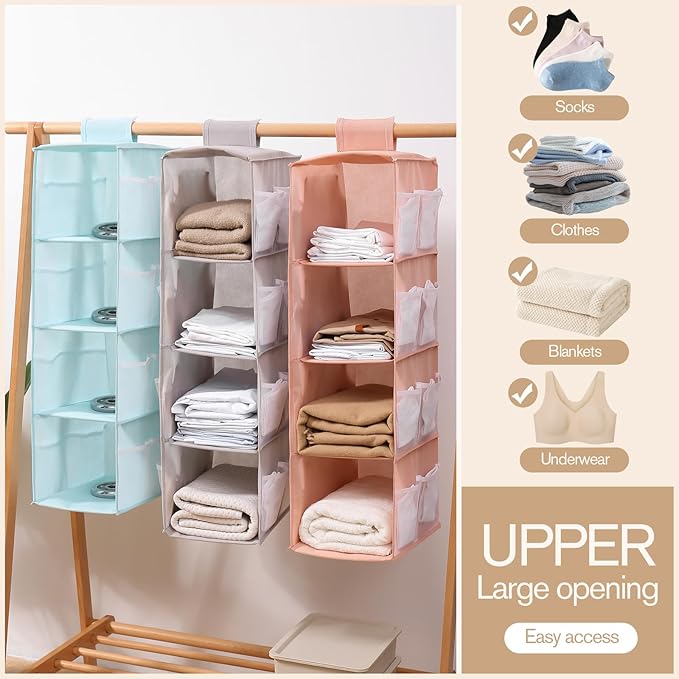 Hanging Closet Organizer, 4-Section Storage Shelves, Oxford Cloth with Mesh Pockets, (Cerulean, 4 Section)