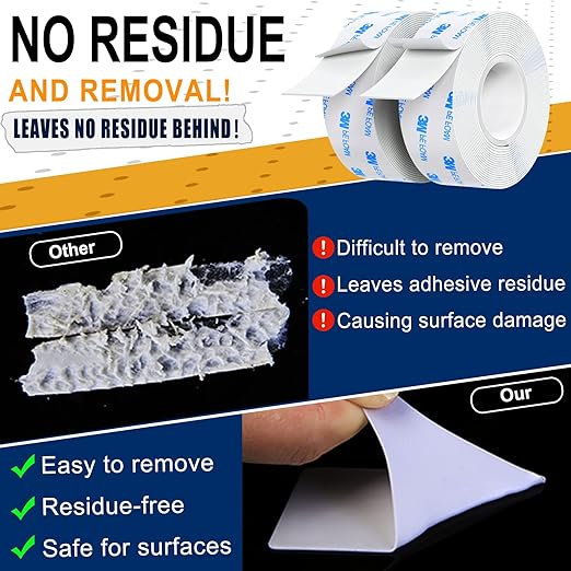 Heavy Duty Double Sided Tape, Made of 3M - Removable & No Damage, Waterproof, 1.18in x 19.68ft 2 Rolls, Ideal for Home & Auto
