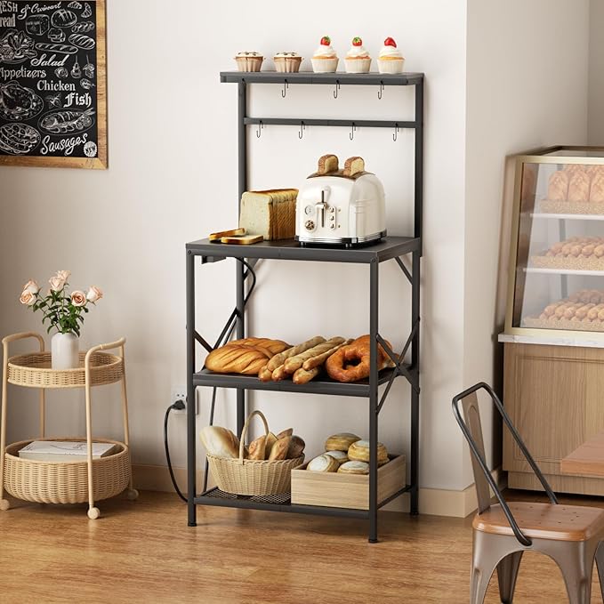 Kitchen Bakers Rack with Power Outlet, Coffee Bar Table 4 Tiers, Microwave Stand with 8 Hooks, Coffee Station and Organizer, Kitchen Storage Shelves Rack for Spices, Pots, Black