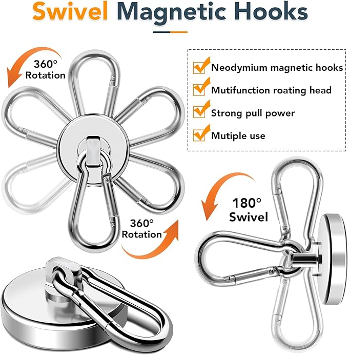 MIKEDE Magnetic Hooks Heavy Duty, 110LBS+ Strong Neodymium Magnets with Swivel Carabiner Hook, Magnets with Hooks Magnetic Hangers for Locker, Kitchen, Cruise Cabin, Office - 10 Pack