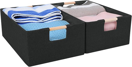 ANMINY 2PCS Storage Baskets for Organizing Collapsible Fabric Storage Bins Boxes with Wood Handles Closet Shelves Cube Organizer Bins Clothes Laundry Storage Container - Small, Black