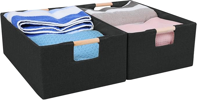 ANMINY 2PCS Storage Baskets for Organizing Collapsible Fabric Storage Bins Boxes with Wood Handles Closet Shelves Cube Organizer Bins Clothes Laundry Storage Container - Medium, Black