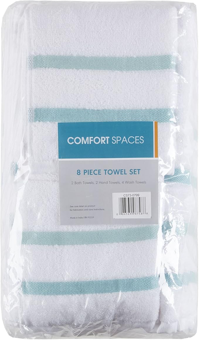 Comfort Spaces Cotton 8 Piece Bath Towel Set Striped Ultra Soft Hotel Quality Quick Dry Absorbent Bathroom Shower Hand Face Washcloths, Multi-Sizes, Zero Twist Aqua 8 Piece