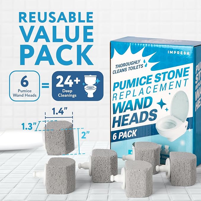 6-Pack Pumice Stone Toilet Bowl Cleaner Refill Heads - Compatible with Clorox Toilet Wand Refills - Reusable Natural Stone Scrub Heads for Tough Stains