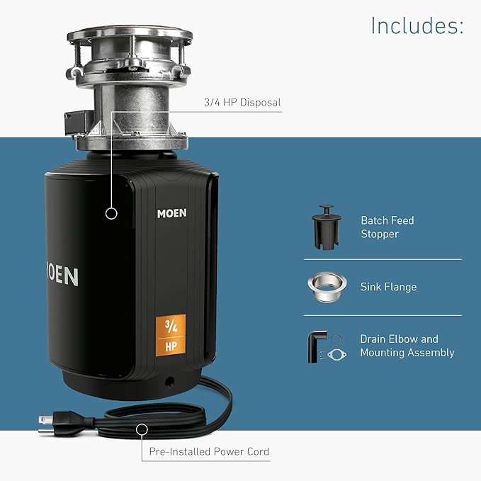 Moen Host Series Garbage Disposal for Kitchen Sink with Power Cord, Control Activation, Sound Reduction, GXB75C