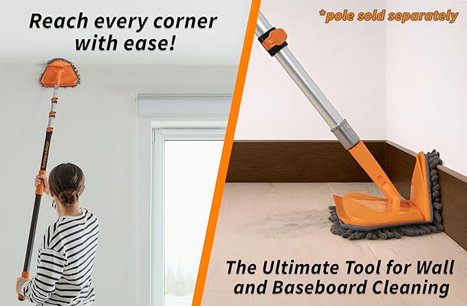 Wall Cleaner Tool with 4 Replacement Pads // 3-in-1 Wall Washer Mop for Walls, Baseboards and Windows // Wall and Baseboard Cleaner Fits All Extension Poles with Acme Thread (Pole Sold Separately)