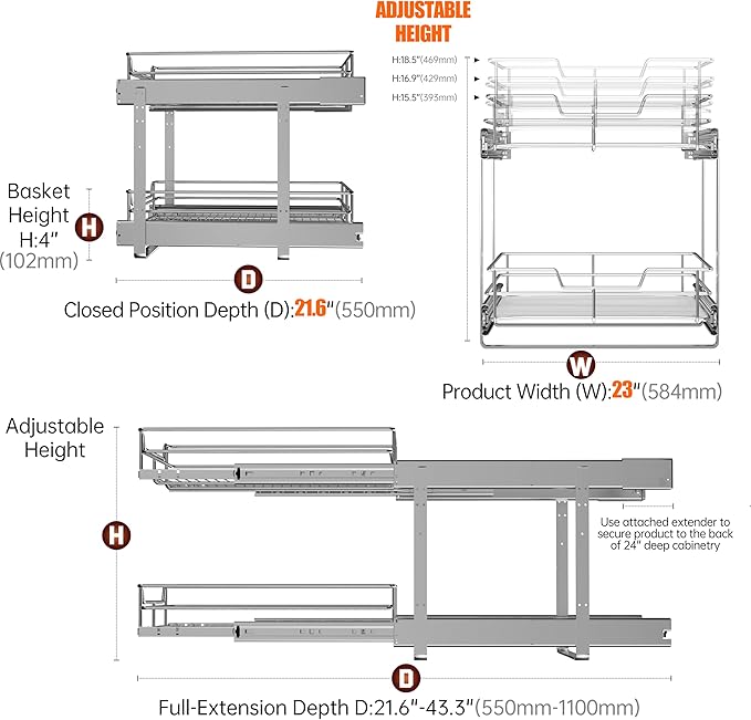 (23" W x 22" D Cabinet Pull Out Shelves, 2-Tier | Heavy Duty Kitchen Pull Out Shelves for Wide Cabinets, 22 Inch Deep Sliding Cabinet Organizer