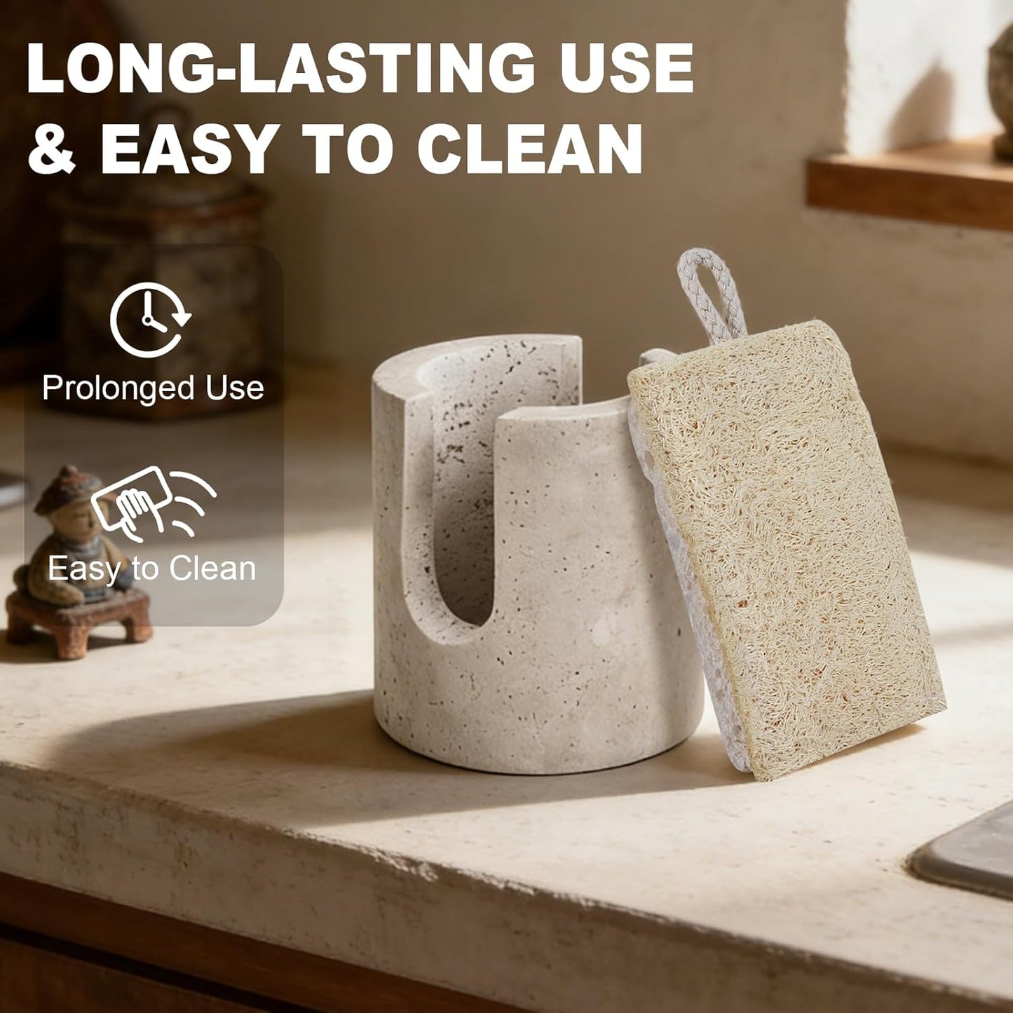 Natural Travertine Sponge Holder for Kitchen Sink Counter w A Plant-Based Kitchen Sponge, Fast Drying, Durable, Compact, Wabi-Sabi & Unique Sponge Caddy, Sink Organizer, Beige Travertine Decor