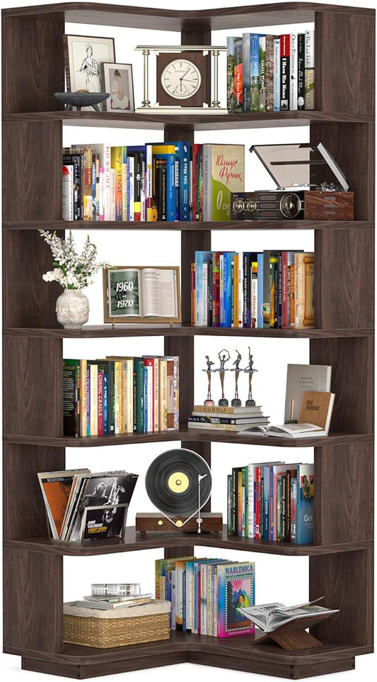 Armocity Corner Book Shelf - 7 Tier Corner Bookshelf Etagere Bookcase with Baffle, Freestanding L Shaped Display Shelf Stand for Home Office, Living Room, Bedroom, Kitchen, Black Walnut