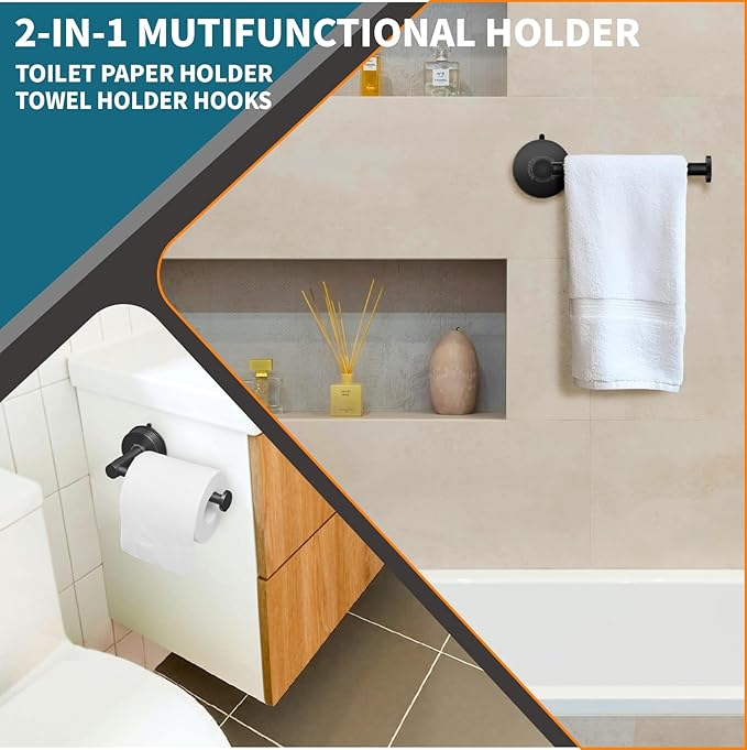 Bathroom Towel Holder | Toilet Paper Holder Wall Mount, 2-in-1, Adhesive Suction, Reusable - Towel Hanger | Black Toilet Paper Holder for Bathroom, Kitchen, RV - Install Easily, Instantly Use, 2 Pack