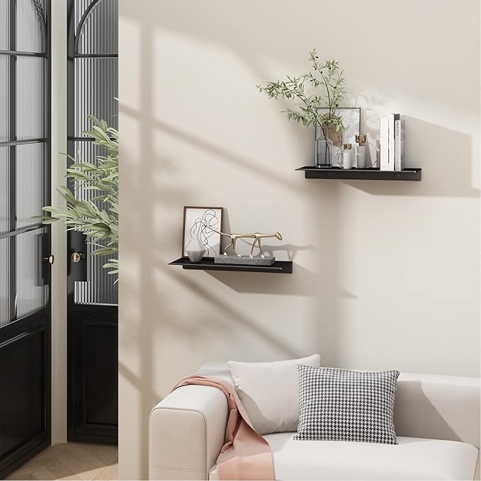 Danpoo Black Floating Shelves for Wall Storage, Metal Wall Shelves for Living Room, Bathroom, Kitchen, 12” Small Display Shelves for Collectibles(2 PCS)