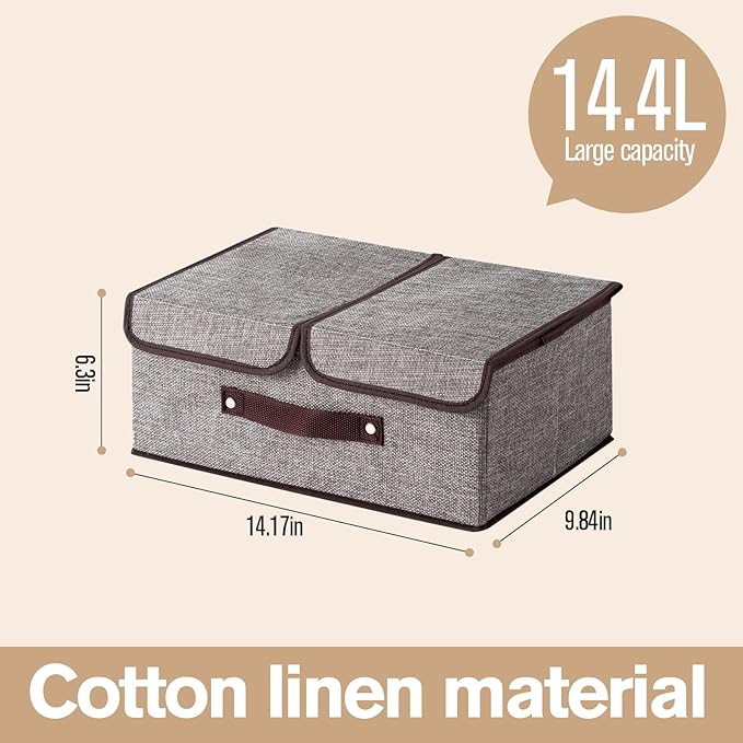 Linen Fabric Storage Bins with Lids and Dividers 2-Pack, 15L Collapsible Closet Organizers, Foldable Divided Boxes for Clothes, Beige Linen Closet Organization (Beige)