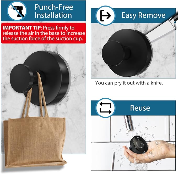 Suction Cup Hooks for Shower, 4 PCS No-Drill Towel Holder for Bathrooms Wall, Glass Door, Mirror, Tiles, Kitchen, Hold Robe & Wreath, Hanging up to 15 lbs – Waterproof & Rustproof, Matte-Black