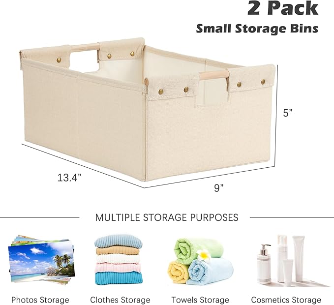 2PCS Storage Bins Cotton Linen Fabric Storage Boxes Basket with Wooden Handles Foldable Washable Decorative Shelf Container Clothes Organizer Home Laundry - Small Size, Beige