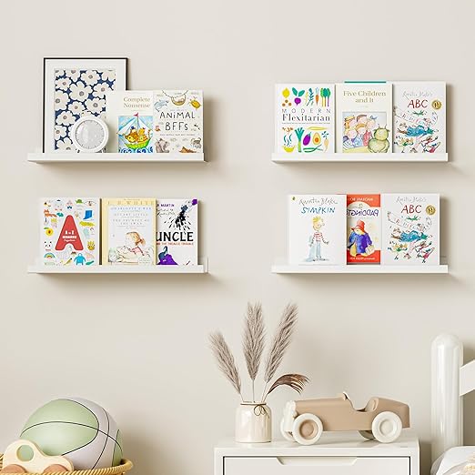 BYCY Metal Floating Shelves Set of 4,15.7 inch Floating Bookshelves for Wall Mounted,Wide Magnetic Book Display Wall Shelves for Classrooms Kitchen Bedroom Room Decor (White)
