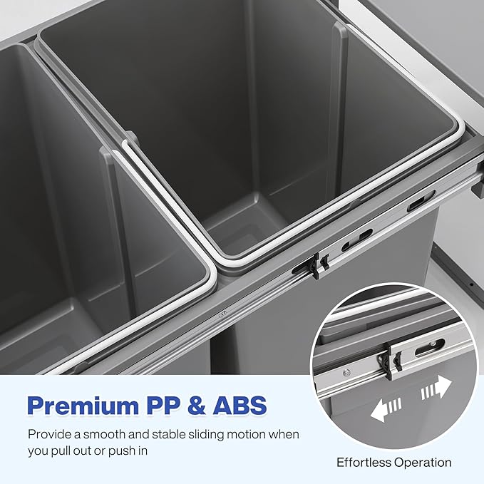 Double Pull Out Trash Can for Under Kitchen Cabinets 44 Qt with Soft-Close Slides, Under Sink Garbage Waste Recycling Bin with Lid for Cabinet, Gray