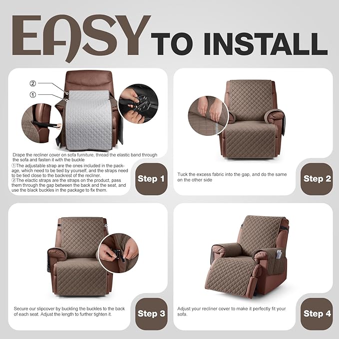 KinCam 100% Waterproof Recliner Chair Cover, Reclining Couch Covers for Pets, Dogs, Recliner Couch Slipcover Furniture Protector with Elastic Straps for Kids(30", Brown)