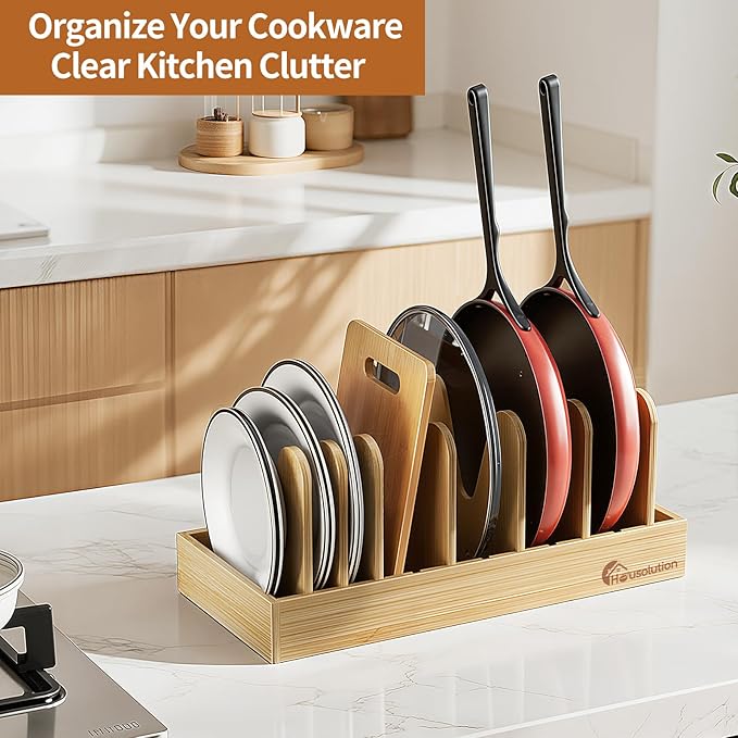 Housolution Bamboo Pot and Pan Organizer for Cabinet, Pot Lid Organizer with 7 Adjustable Dividers, Pan Holder Storage Rack for Cutting Board, Baking Tray and Cookie Sheet