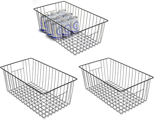 Freezer Organizer Bins - 3 Pack Stand Up Freezer Baskets for 16，17，21 cu.ft Upright Freezer, Wire Storage Baskets with Built-in Handles, Easy to Access Frozen Food Allow Air Circulation, Black