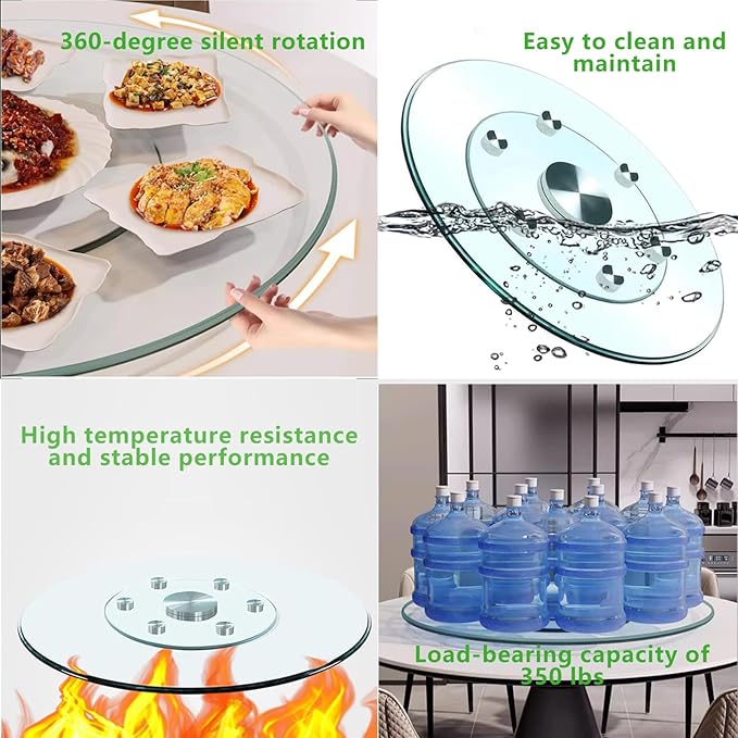 32" Tempered Glass Lazy Susan for Table Top Turntable | Silent 360° Spin & Anti-Tip Wheels | Fits Kitchen/Dining/Patio/Party Tables