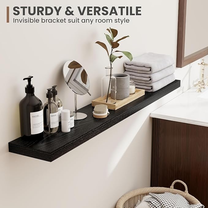48 Inch Floating Shelves, 8 Inch Deep Floating Shelves for Wall, Hanging Shelf with Invisible Brackets, Deep Shelves for Bathroom, Bedroom, Living Room, Black, Set of 2