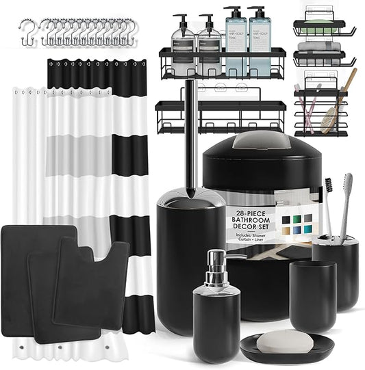 Clara Clark Bathroom Accessories Set - 28PC Bathroom Set with Adhesive Corner Shower Caddy Hanging, Bathroom Sets with Shower Curtain and Rugs, Black Shower Curtain Set with Bathroom Trash Can
