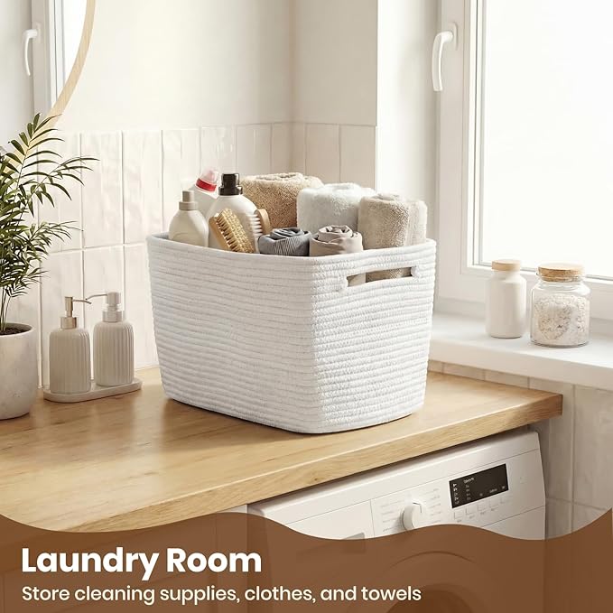 Storage Baskets for Organizing, 14 x 10 x 9” Closet Shelf Woven Baskets, Square Bins with Handles, Cotton Rope Basket for Toys, Clothes, Office, Room, White 4 Pack