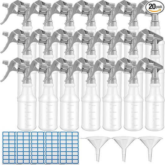 Eccliy 20 Pack 16oz Empty Spray Bottles, Leakproof Cleaning Bottles with Measurement and Adjustable Nozzle for Housekeeping, Commercial Use(Cylinder,Gray Spray Head)