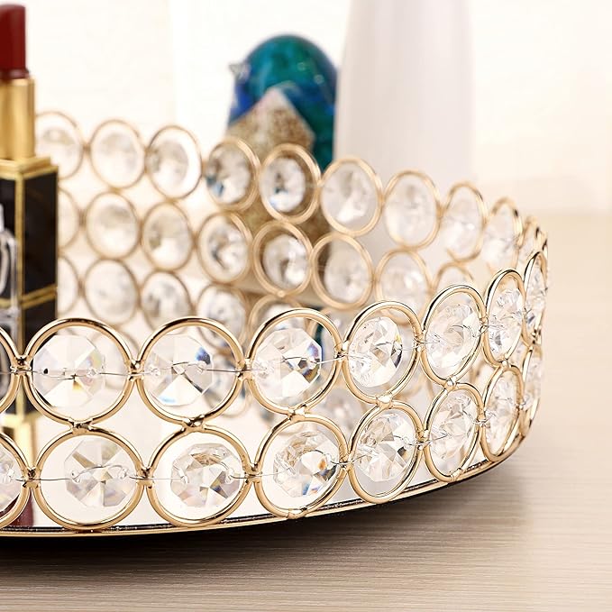 Hipiwe Mirrored Crystal Vanity Makeup Tray, Gold Ornate Jewelry Trinket Decorative Tray Cosmetic Perfume Display Organizer Tray,Home Decor Tray for Dresser/Bathroom, 11.8" x 8"
