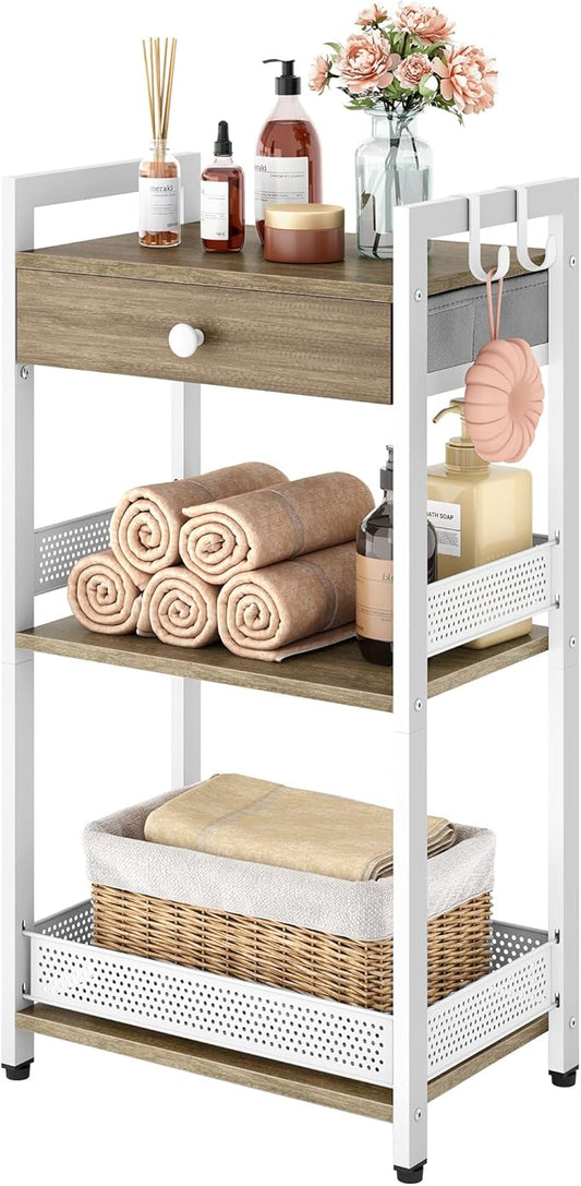 FAVOOSTY 3-Tier Bathroom Ladder Shelf Floor Storage Shelf with Drawer Freestanding Shelving Unit Bookcase End Table for Bathroom Living Room,Balcony-White