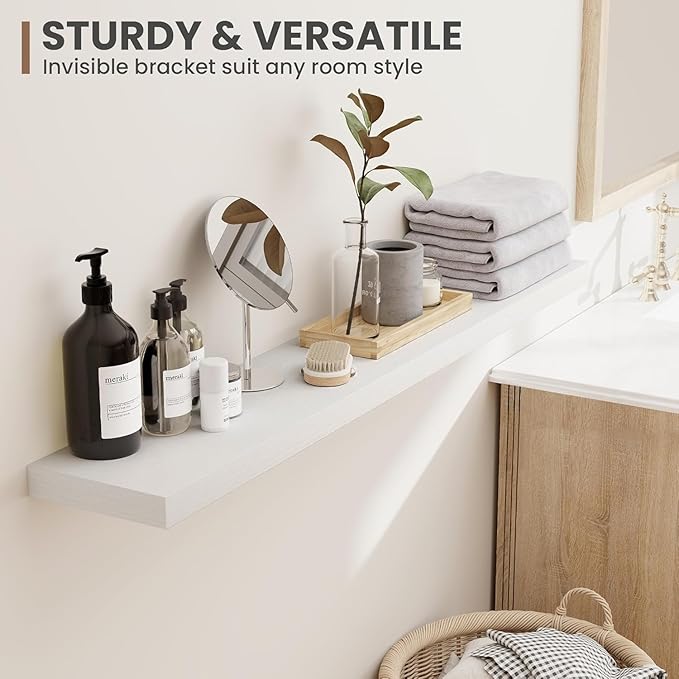 72 Inch Floating Shelves, 8 Inch Deep Floating Shelves for Wall, Hanging Shelf with Invisible Brackets, Deep Shelves for Bathroom, Bedroom, Living Room, White, Set of 1
