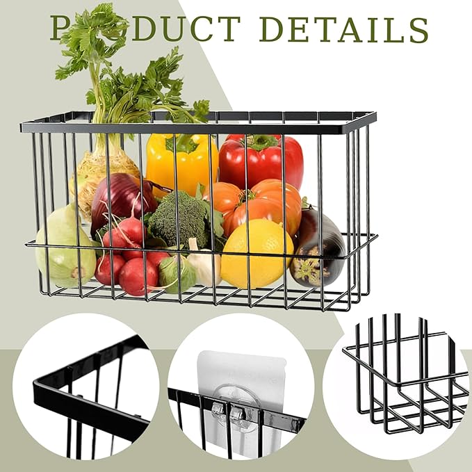 3 Pcs Adhesive Refrigerator Organizer Baskets Metal Shelf Rack and Adhesive Holder with 2 Types of Installation for Storage in Kitchen, Bathroom, Office, or Laundry (Black)